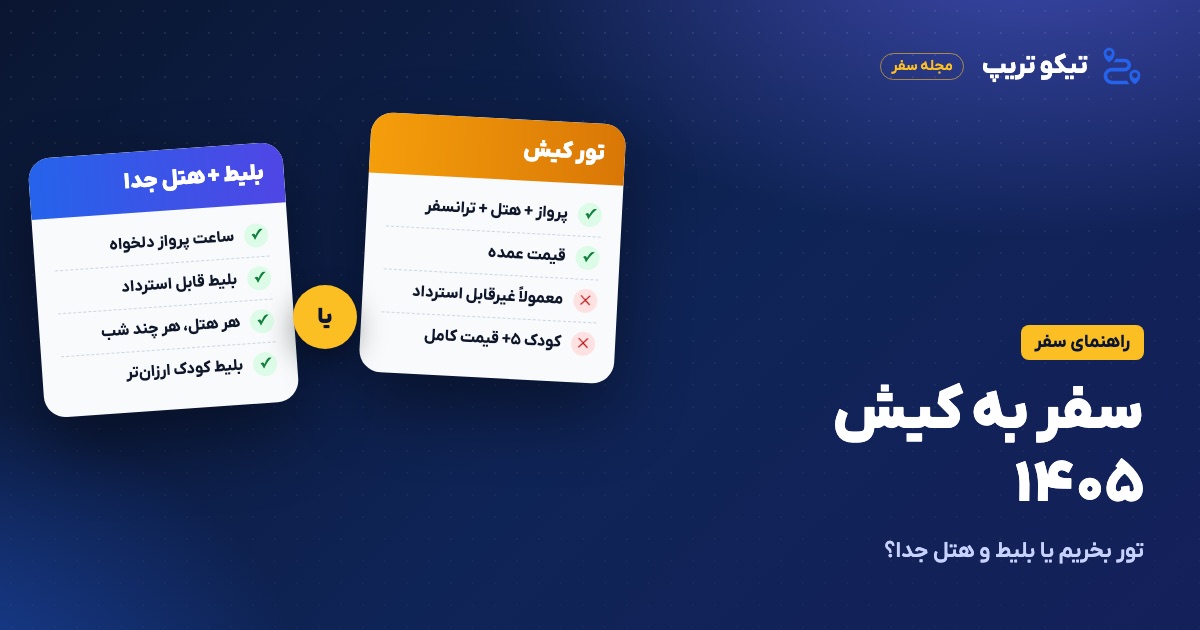 مقایسه تور کیش با خرید جداگانه بلیط هواپیما و هتل برای سفر به کیش در پاییز ۱۴۰۵